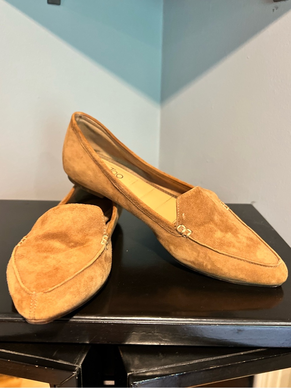 Me Too Cognac Suede Pointed-Toe Loafers in Tan